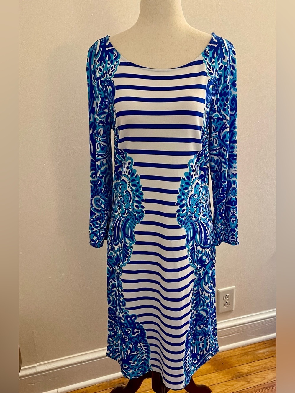 Lilly Pulitzer Blue White Stripe Paisley Long Sleeve Dress M